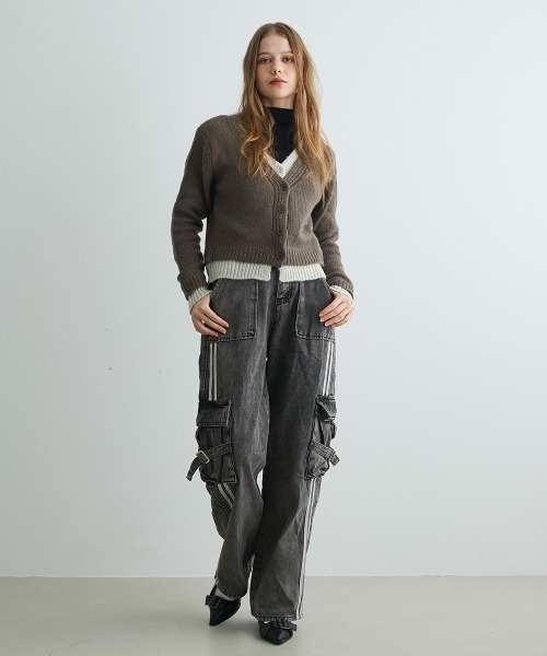 Mirette(ミレット)の「バイカラーニットショートカーディガン / Bi-Color Knit Short Cardigan(カーディガン/ボレロ・レディース・オリーブ/チャコールグレー/グレー・FREE)」の12枚目の写真