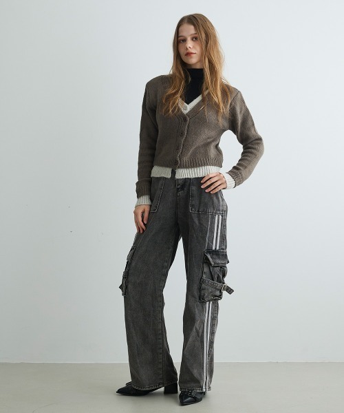 Mirette(ミレット)の「バイカラーニットショートカーディガン / Bi-Color Knit Short Cardigan(カーディガン/ボレロ・レディース・オリーブ/チャコールグレー/グレー・FREE)」の14枚目の写真