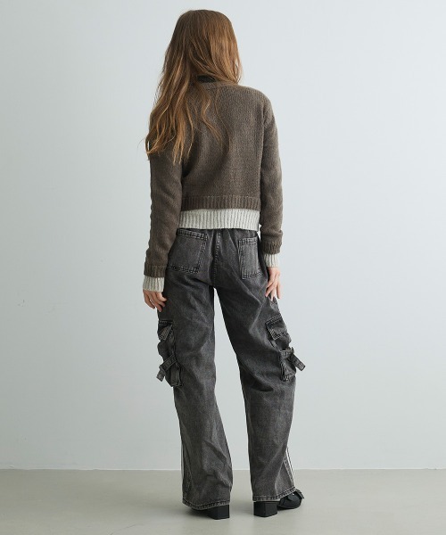 Mirette(ミレット)の「バイカラーニットショートカーディガン / Bi-Color Knit Short Cardigan(カーディガン/ボレロ・レディース・オリーブ/チャコールグレー/グレー・FREE)」の16枚目の写真