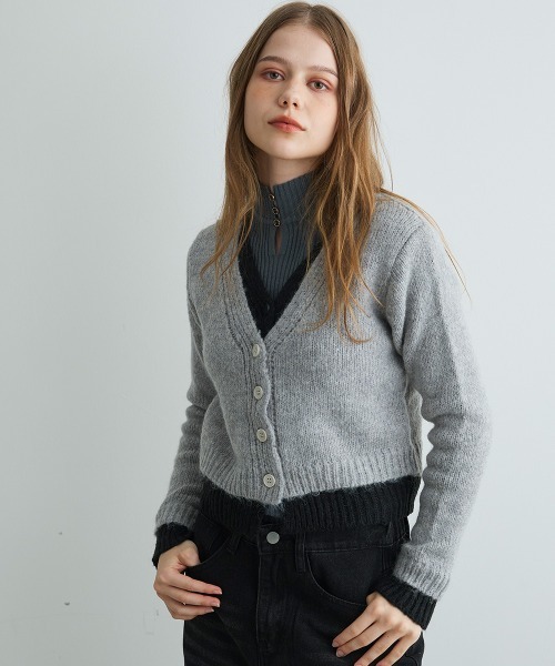 Mirette(ミレット)の「バイカラーニットショートカーディガン / Bi-Color Knit Short Cardigan(カーディガン/ボレロ・レディース・オリーブ/チャコールグレー/グレー・FREE)」の17枚目の写真