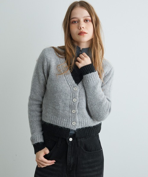 Mirette(ミレット)の「バイカラーニットショートカーディガン / Bi-Color Knit Short Cardigan(カーディガン/ボレロ・レディース・オリーブ/チャコールグレー/グレー・FREE)」の19枚目の写真