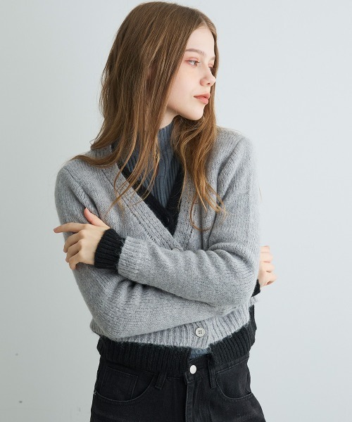 Mirette(ミレット)の「バイカラーニットショートカーディガン / Bi-Color Knit Short Cardigan(カーディガン/ボレロ・レディース・オリーブ/チャコールグレー/グレー・FREE)」の20枚目の写真