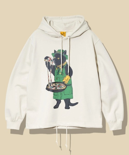 go slow caravan(ゴースローキャラバン)の「空紡糸裏毛 スキレットピザ猫 ヘムスピンドル フーディー(パーカー・メンズ・タン/アイボリー・SMALL/MEDIUM/LARGE/X-LARGE)」の1枚目の写真