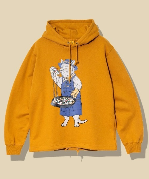 go slow caravan(ゴースローキャラバン)の「空紡糸裏毛 スキレットピザ猫 ヘムスピンドル フーディー(パーカー・メンズ・タン/アイボリー・SMALL/MEDIUM/LARGE/X-LARGE)」の2枚目の写真