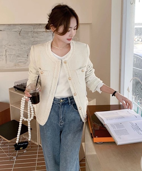 ツイード　ホワイト ノーカラージャケット フリンジ仕上げ　新品タグ付き 楽天市場】【予約】 ノーカラーフリンジツイードジャケット