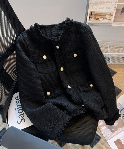 セール】フリンジ ツイードライク ノーカラージャケット（ノーカラー