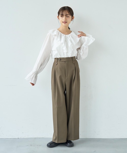 セール】ウエストデザイン タックワイドパンツ【585131】（スラックス