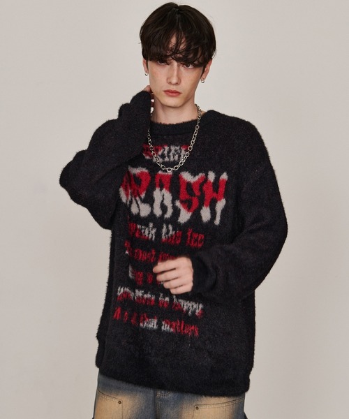 Revo.（レボ）の「オーバーサイズ グランジ ロゴプリント シャギーニット プルオーバー（ニット/セーター・メンズ・ブラック/ブラウン/オフホワイト/グレー・M/L）」の9枚目の写真