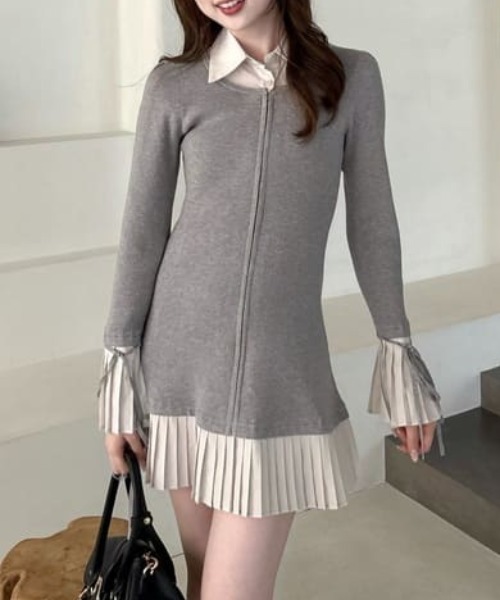 rienda(リエンダ)の「レイヤードパターンシャツニットミニワンピース 秋服 冬服(ワンピース・レディース・グレー/ブラウン/ブラック・FREE)」の3枚目の写真