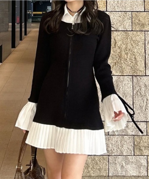 rienda レイヤードパターンシャツニットミニワンピース 秋服 冬服 rienda（リエンダ）の「レイヤードパターンシャツニットミニワンピース