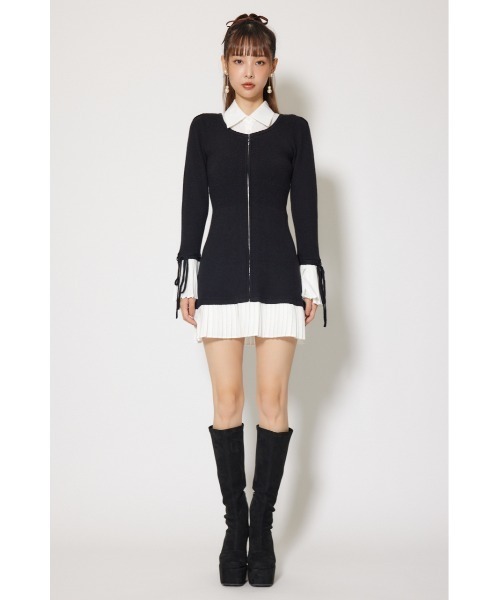 セール】レイヤードパターンシャツニットミニワンピース 秋服 冬服