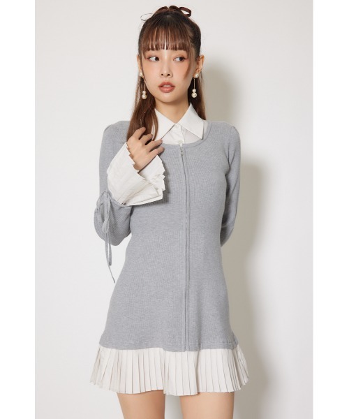 セール】レイヤードパターンシャツニットミニワンピース 秋服 冬服