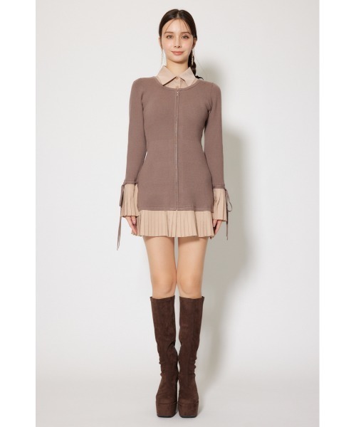 レイヤードパターンシャツニットミニワンピース 秋服 冬服（ワンピース