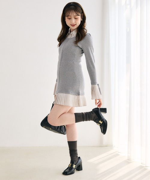 セール】レイヤードパターンシャツニットミニワンピース 秋服 冬服