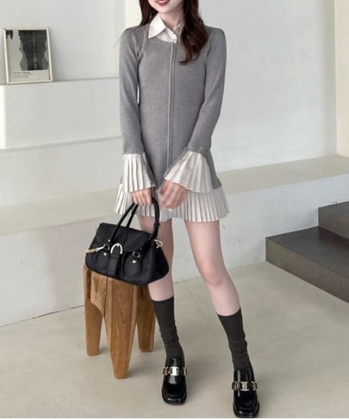 レイヤードパターンシャツニットミニワンピース 秋服 冬服（ワンピース