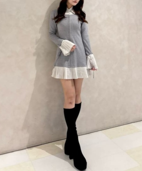 セール】レイヤードパターンシャツニットミニワンピース 秋服 冬服