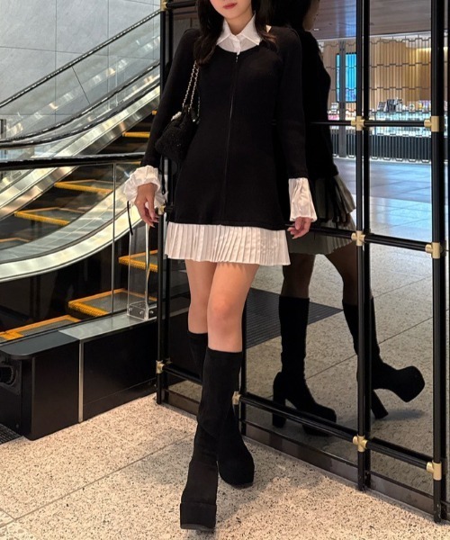 レイヤードパターンシャツニットミニワンピース 秋服 冬服（ワンピース