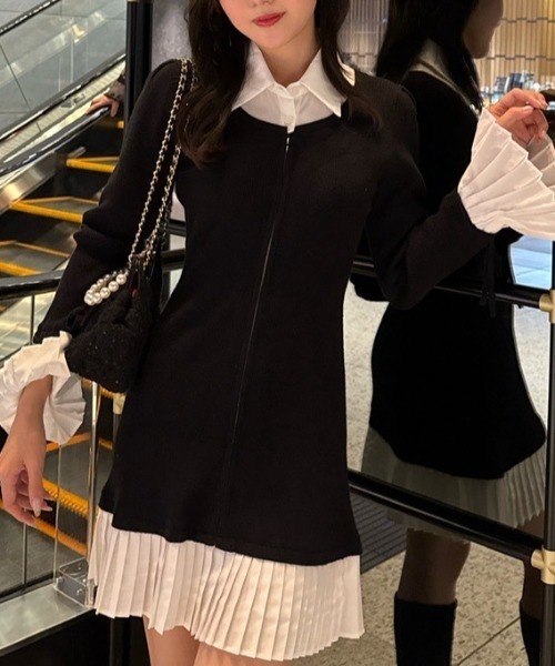 セール】レイヤードパターンシャツニットミニワンピース 秋服 冬服