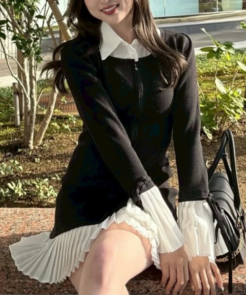 レイヤードパターンシャツニットミニワンピース 秋服 冬服（ワンピース