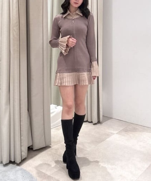 レイヤードパターンシャツニットミニワンピース 秋服 冬服（ワンピース