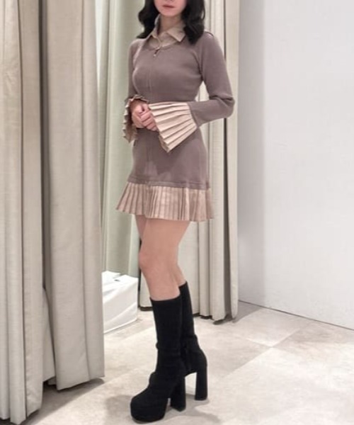 セール】レイヤードパターンシャツニットミニワンピース 秋服 冬服