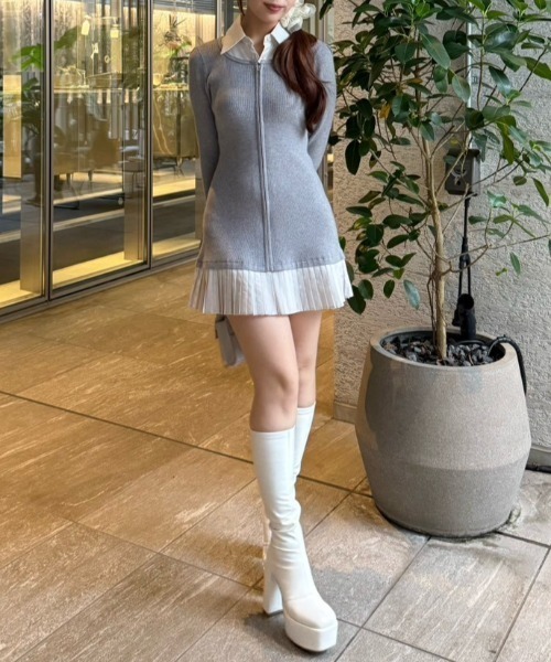 セール】レイヤードパターンシャツニットミニワンピース 秋服 冬服
