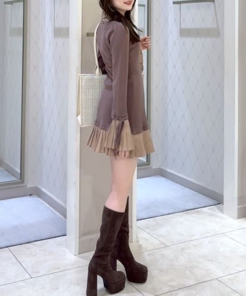 レイヤードパターンシャツニットミニワンピース 秋服 冬服（ワンピース