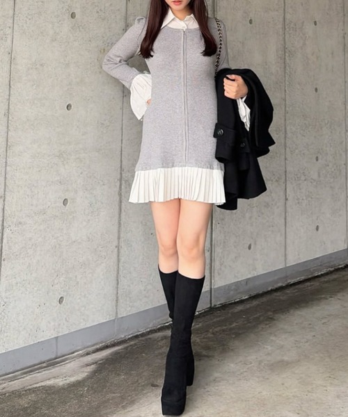 レイヤードパターンシャツニットミニワンピース 秋服 冬服（ワンピース