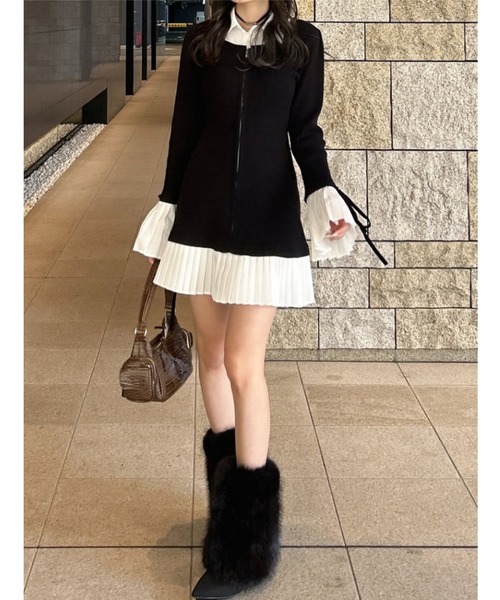 レイヤードパターンシャツニットミニワンピース 秋服 冬服（ワンピース