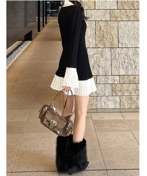 セール】レイヤードパターンシャツニットミニワンピース 秋服 冬服