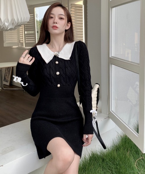 LADY LIKE（レディライク）の「袖リボン付き金ボタンニットワンピース（ワンピース・レディース・ブラック/グレー・M）」の21枚目の写真
