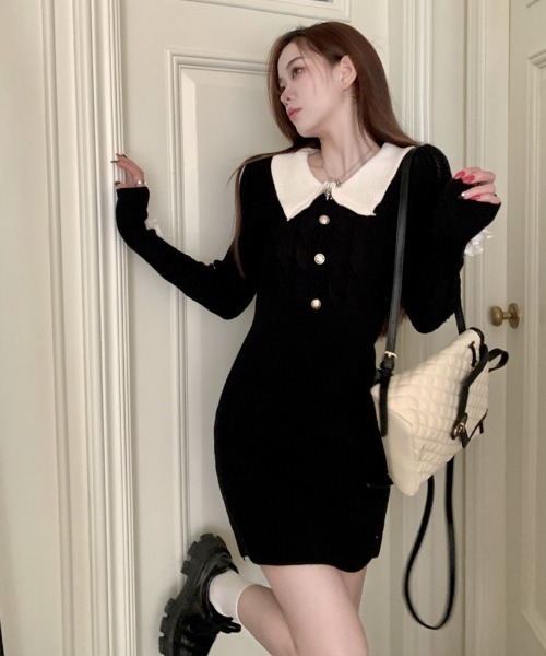 LADY LIKE（レディライク）の「袖リボン付き金ボタンニットワンピース（ワンピース・レディース・ブラック/グレー・M）」の19枚目の写真