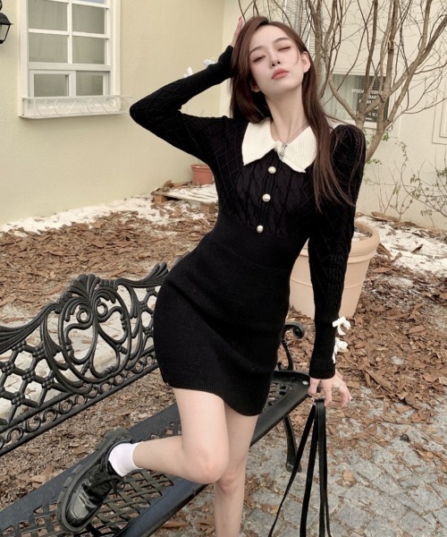LADY LIKE（レディライク）の「袖リボン付き金ボタンニットワンピース（ワンピース・レディース・ブラック/グレー・M）」の18枚目の写真