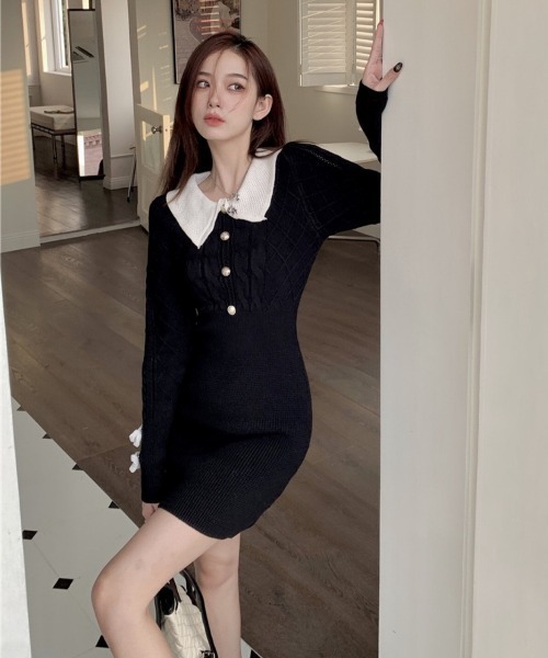 LADY LIKE（レディライク）の「袖リボン付き金ボタンニットワンピース（ワンピース・レディース・ブラック/グレー・M）」の17枚目の写真