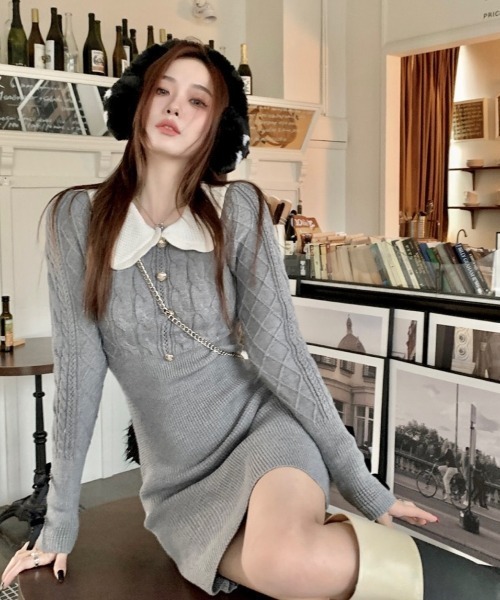 LADY LIKE（レディライク）の「袖リボン付き金ボタンニットワンピース（ワンピース・レディース・ブラック/グレー・M）」の13枚目の写真