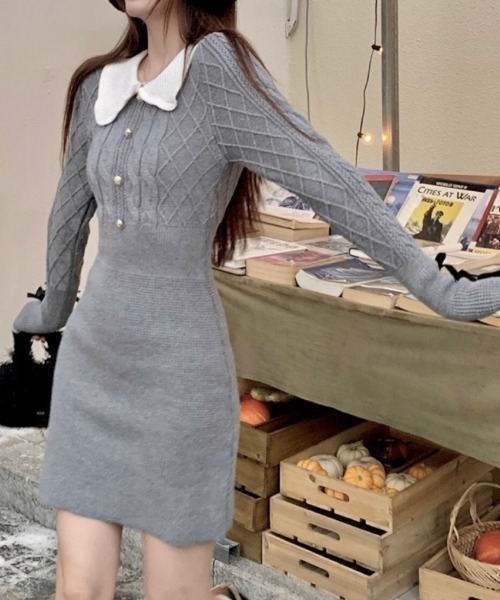 LADY LIKE（レディライク）の「袖リボン付き金ボタンニットワンピース（ワンピース・レディース・ブラック/グレー・M）」の9枚目の写真
