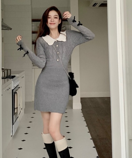 LADY LIKE（レディライク）の「袖リボン付き金ボタンニットワンピース（ワンピース・レディース・ブラック/グレー・M）」の7枚目の写真