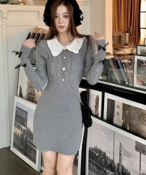 LADY LIKE（レディライク）の「袖リボン付き金ボタンニットワンピース（ワンピース・レディース・ブラック/グレー・M）」の6枚目の写真