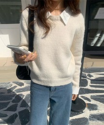 レイヤード風ニットトップス 襟付き