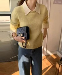 レイヤード風ニットトップス 襟付き