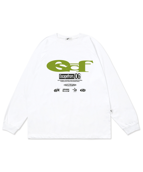ESCAPEFROM(エスケープフロム)の「グリーン ESCF ロゴ コラージュプリント ロングスリーブ ホワイト(Tシャツ/カットソー・レディース・その他・MEDIUM/LARGE/SMALL)」の1枚目の写真