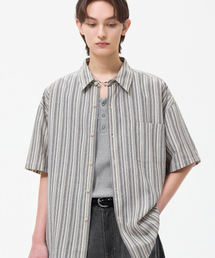 TRILLION（トリリオン）の「Resort Stripe Pocket Overfit Short Sleeve Shirt_Black（シャツ/ブラウス）」