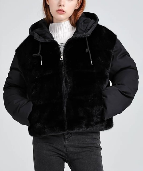 セール】【秋冬新作】ファー切り替えショートダウンジャケット/フード