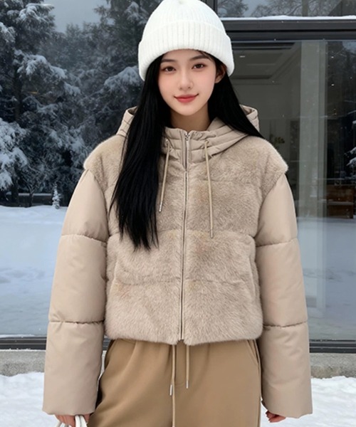 セール】【秋冬新作】ファー切り替えショートダウンジャケット/フード