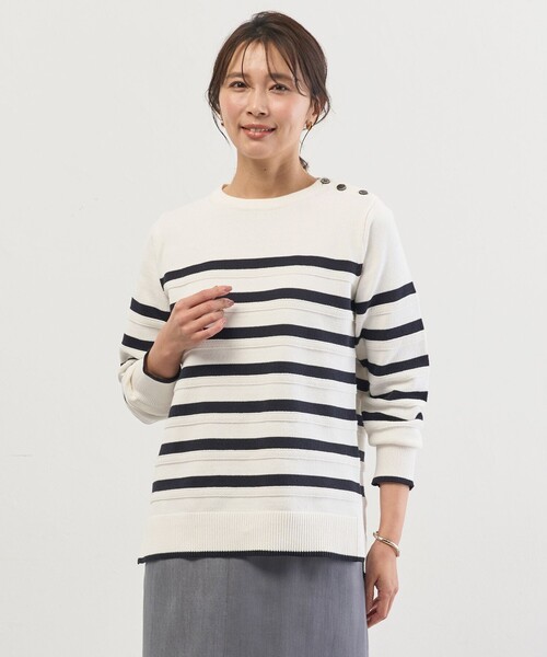 J.PRESS(ジェイプレス)の「Cotton Polyester カラーボーダー ニット(ニット/セーター・レディース・ネイビー系1/ライトグリーン系1・T13)」の1枚目の写真