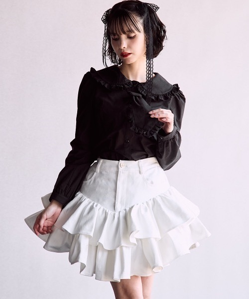 lilLilly（リルリリー）の「アシンメトリーフリルデニムミニスカート（スカート・レディース・ブラック/ホワイト・FREE）」の12枚目の写真