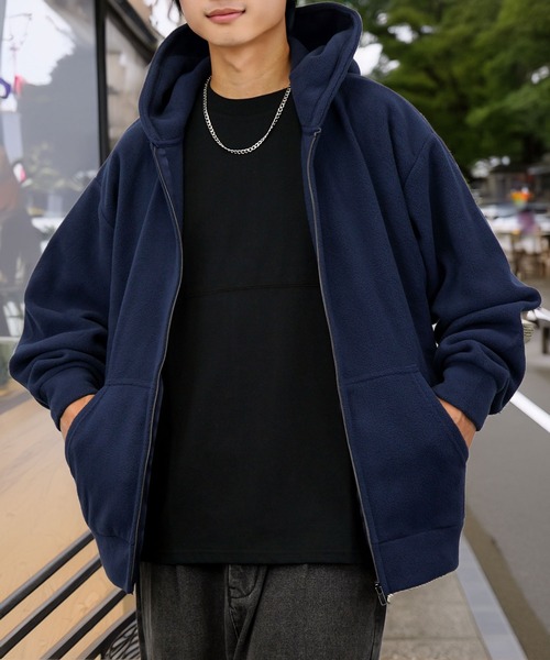 L'atelier(ラトリエ)の「ボリューム袖 ワイド フリース 無地 ジップパーカー(パーカー・メンズ・ネイビー系/オフホワイト/ブラック/チョコ・L/M/LL)」の4枚目の写真