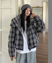 ダウンジャケット/コート（ブラック/黒色系・チェック柄）ファッション