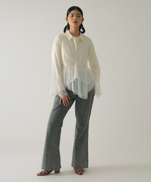 Ray BEAMS(レイビームス)の「チュール キリカエ アシンメトリー ヘム Tシャツ(Tシャツ/カットソー・レディース・ホワイト/ブラック・ONE SIZE)」の7枚目の写真