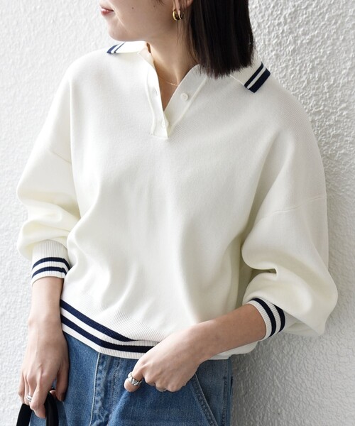 SHIPS any:〈手洗い可能〉コットン ミックス ライン ポロニット プル